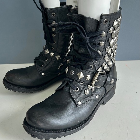 Ash Combat Boots women's size 37.5 / 7.5 Black Leather Studded Buckle Moto Punk - Picture 2 of 12